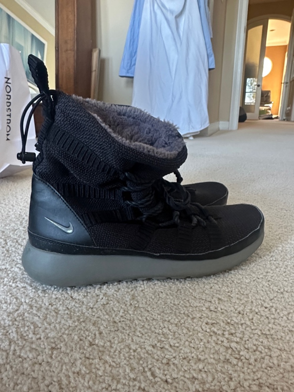 Nike Black Knit High-Top Sneakers with Gray Soles and fur - Picture 3 of 9